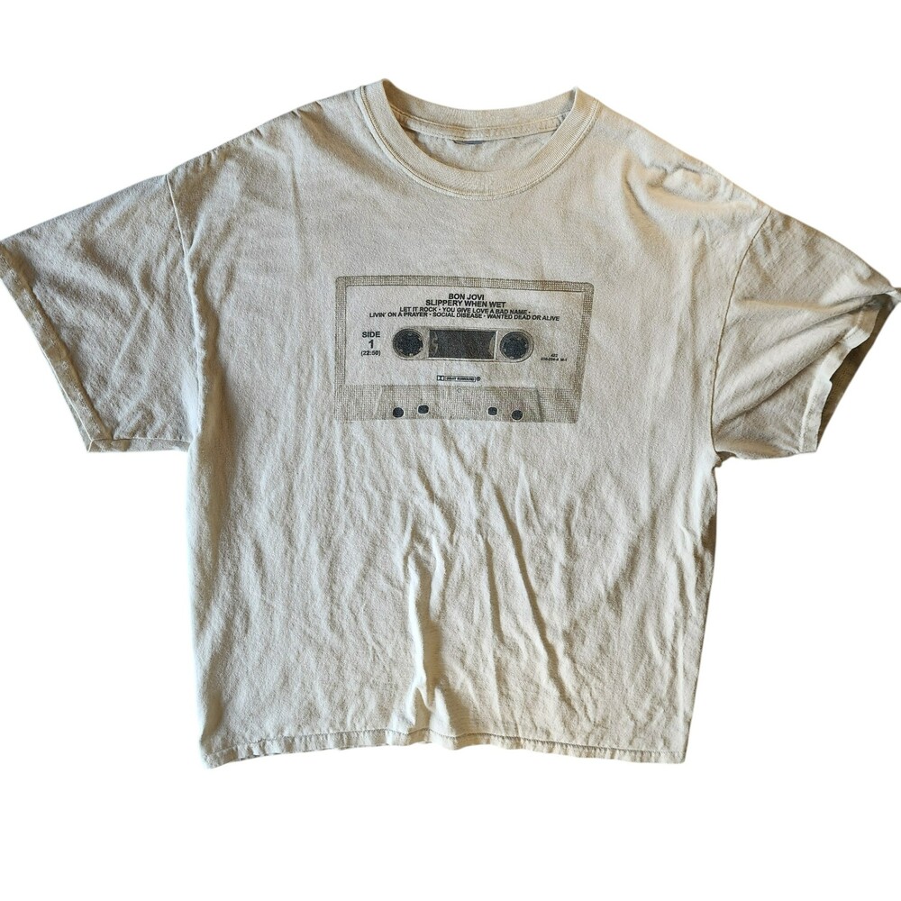 Bon Jovi Slippery When Wet Vintage Cassette Graphic Print T-Shirt Beige XL